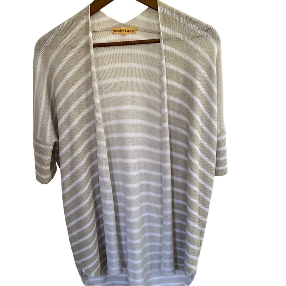 Mesh + Lace Beige Stripe Short Sleeve Slouch Cardigan Sweater Cotton Linen Small